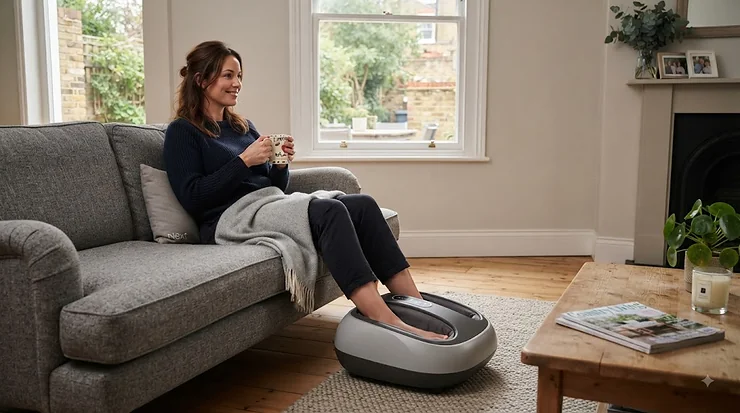 A person relaxing on a sofa using an electric foot massager at home in the UK electric foot massager