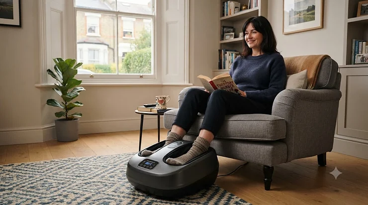 Electric foot massager for circulation in a modern British living room, demonstrating daily wellness use. foot massager for circulation