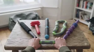 Selection of different hand-held trigger point massage sticks laid out on a neutral surface for comparison.