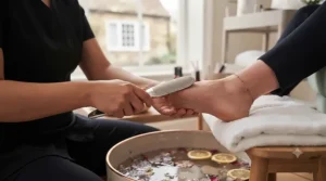 Gentle callus removal technique used in a professional pedicure foot spa session.