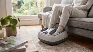 Lightweight electric foot massager stored neatly beside a living room armchair