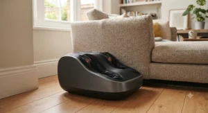 Compact kneading foot massager neatly placed beside a sofa in a modern British living room.