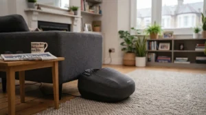 Compact and portable heated foot massager positioned neatly in a modern British living room.