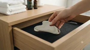 A chilled stainless steel gua sha tool being removed from a bathroom cabinet to soothe puffiness.