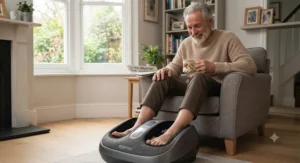 Happy UK customer testing a recommended foot massager for neuropathy comfort at home.