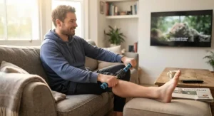 Relaxed person sitting on a sofa using a therapy stick for legs while watching television
