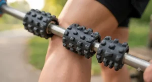 Close-up of textured rolling segments on a therapy stick for legs