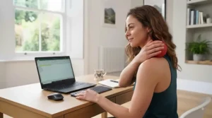 A woman at her home office desk, using a red lacrosse ball to massage shoulder tension while working on a laptop.