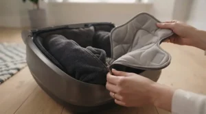 Removable, washable fabric foot sleeves being unzipped from a therapeutic circulation machine.