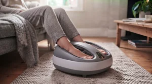 Wireless remote control alongside an adjustable electric foot massager for easy speed and mode selection