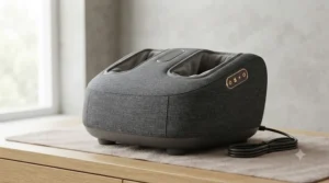 A three-quarter view of the dark grey fabric electric foot massager unit, showing the foot wells, power cord, and illuminated copper-gold control panel on a light oak surface.