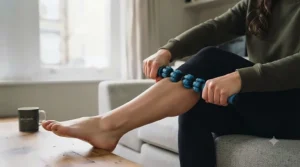 Detailed view of the ergonomic, non-slip handles on a handheld myofascial release roller stick.