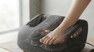 A transparent overlay view of the foot massager, illustrating how its ergonomic design comfortably accommodates a larger UK foot size within the deep massage wells.