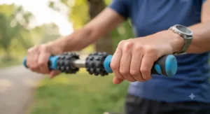 Hands holding the ergonomic grip handles of a therapy stick for legs