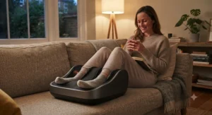 Woman unwinding in her living room while using a kneading foot massager after work.
