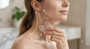 A diagram indicating upward and outward lymphatic drainage strokes using a facial gua sha tool on the neck.