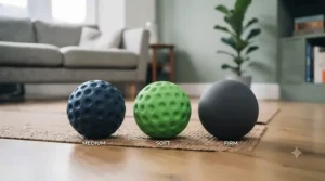 Three different firmness levels of trigger point massage balls arranged side by side for soft, medium, and deep tissue pressure.