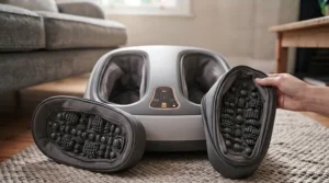 Heated electric foot massager glowing gently to show soothing warmth for cold winter evenings