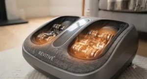 Heat therapy setting active on a therapeutic foot massager for neuropathy to improve poor circulation.
