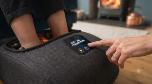 Close-up of a heated foot massager showing adjustable temperature settings for winter comfort.