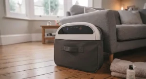Compact and lightweight heated foot spa unit stored neatly beside a living room sofa.