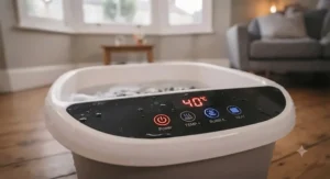 Waterproof LED control panel showing adjustable temperature and bubble massage settings on a foot spa.
