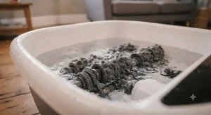 Close-up of motorised shiatsu massage rollers inside a heated foot bath unit.
