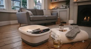 Relaxing evening foot spa setup with a warm tub, fluffy towel, and herbal foot soak ready for use.
