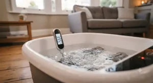 Digital thermometer displaying rapid water heating performance during a home foot spa review.