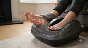 Diagram showing pressure points targeted by a medical-grade foot massager for neuropathy symptom management.