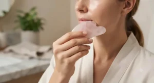 An illustrative guide showing the correct angle and grip for holding a facial gua sha tool during self-care.