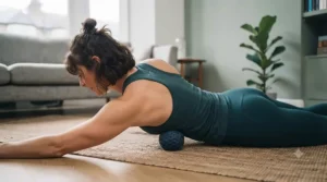 Woman lying on a yoga mat, rolling a trigger point massage ball against her upper back and shoulders.
