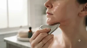 Demonstrating how to glide a stainless steel gua sha along the jawline for a natural contouring routine.
