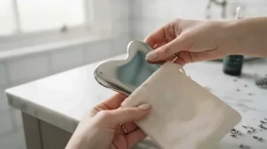 A compact stainless steel gua sha tucked inside a breathable cotton travel pouch for daily skincare routines.