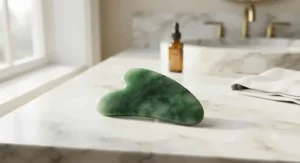 A traditional green jade facial gua sha tool resting elegantly on a white marble vanity surface.