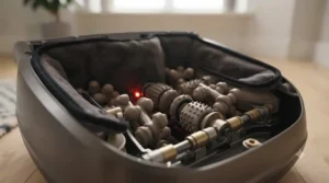 Cutaway view of rolling nodes and deep-kneading heads inside a home foot massager.