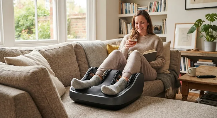 A person relaxing on a sofa at home using an electric kneading foot massager for deep relaxation. kneading foot massager