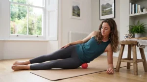 Woman lying on a mat in a bright living room, targeting her gluteal muscles with a red lacrosse ball for deep tissue massage.