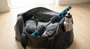 Lightweight therapy stick for legs packed inside a gym bag next to a water bottle