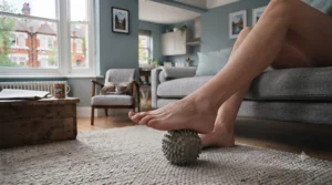 Textured spiky ball used for targeted trigger point therapy on foot arches.