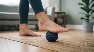 Barefoot person rolling a small trigger point massage ball under the arch of their foot for plantar fasciitis relief.