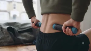Individual applying gentle pressure with a physical therapy stick to soothe lower back stiffness.