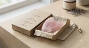 An eco-friendly packaged facial gua sha tool made from sustainably sourced pink quartz.