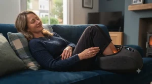 Person unwinding on a sofa at home while using a soothing heated foot massager.