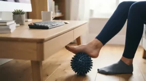 Person sitting at a desk rolling a spiky massage ball for feet underneath their arch to ease daily foot fatigue.