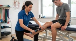Physiotherapist demonstrating how to use a therapy stick for legs on the lower shin