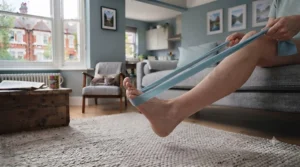 Resistance band demonstrating proper calf and plantar fascia elongation techniques.