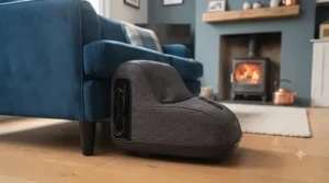 Compact and lightweight portable heated foot massager stored neatly beside a living room armchair.