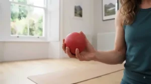 A hand holding a single red lacrosse ball, demonstrating its compact size for carrying in a gym bag or for travel.