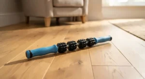 Compact muscle roller therapy stick for legs resting on a wooden floor